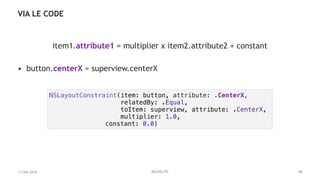 13 MAI 2016 BACKELITE
VIA LE CODE
• button.centerX = superview.centerX
45
NSLayoutConstraint(item: button, attribute: .CenterX,
relatedBy: .Equal,
toItem: superview, attribute: .CenterX,
multiplier: 1.0,
constant: 0.0)
item1.attribute1 = multiplier x item2.attribute2 + constant
 