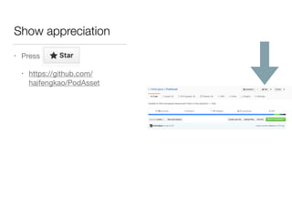Show appreciation
• Press 

• https://github.com/
haifengkao/PodAsset
 