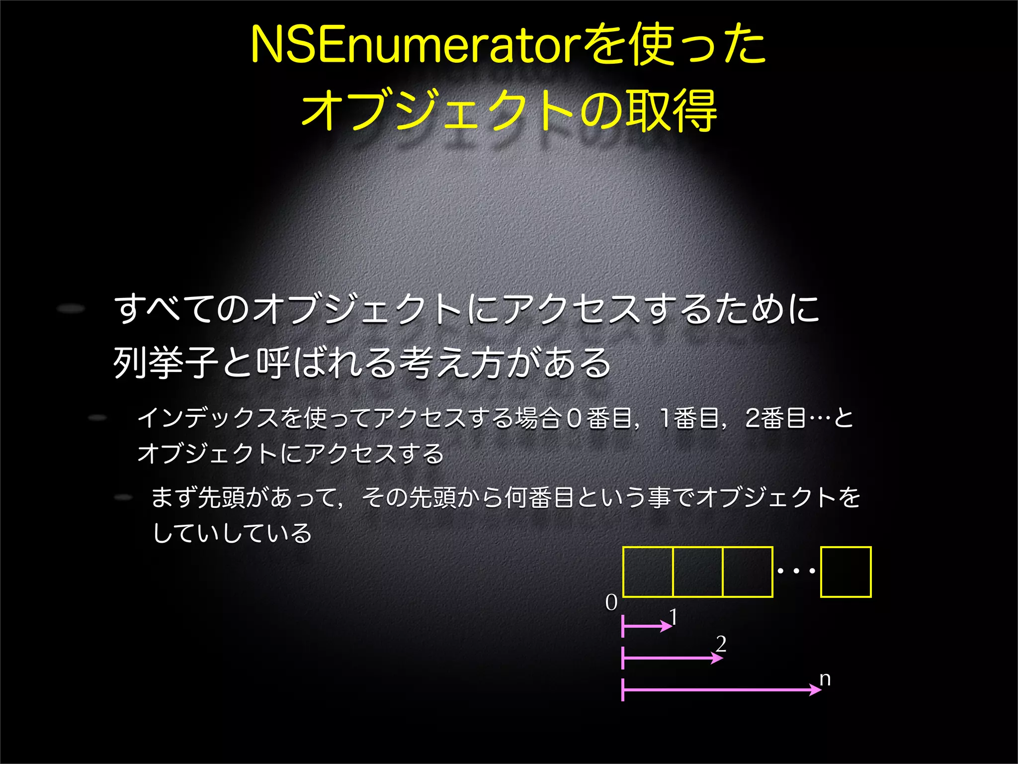 NSEnumeratorを使った
オブジェクトの取得
すべてのオブジェクトにアクセスするために
列挙子と呼ばれる考え方がある
インデックスを使ってアクセスする場合０番目，1番目，2番目…と
オブジェクトにアクセスする
まず先頭があって，その先頭から何番目という事でオブジェクトを
していしている
…
0
1
2
n
 