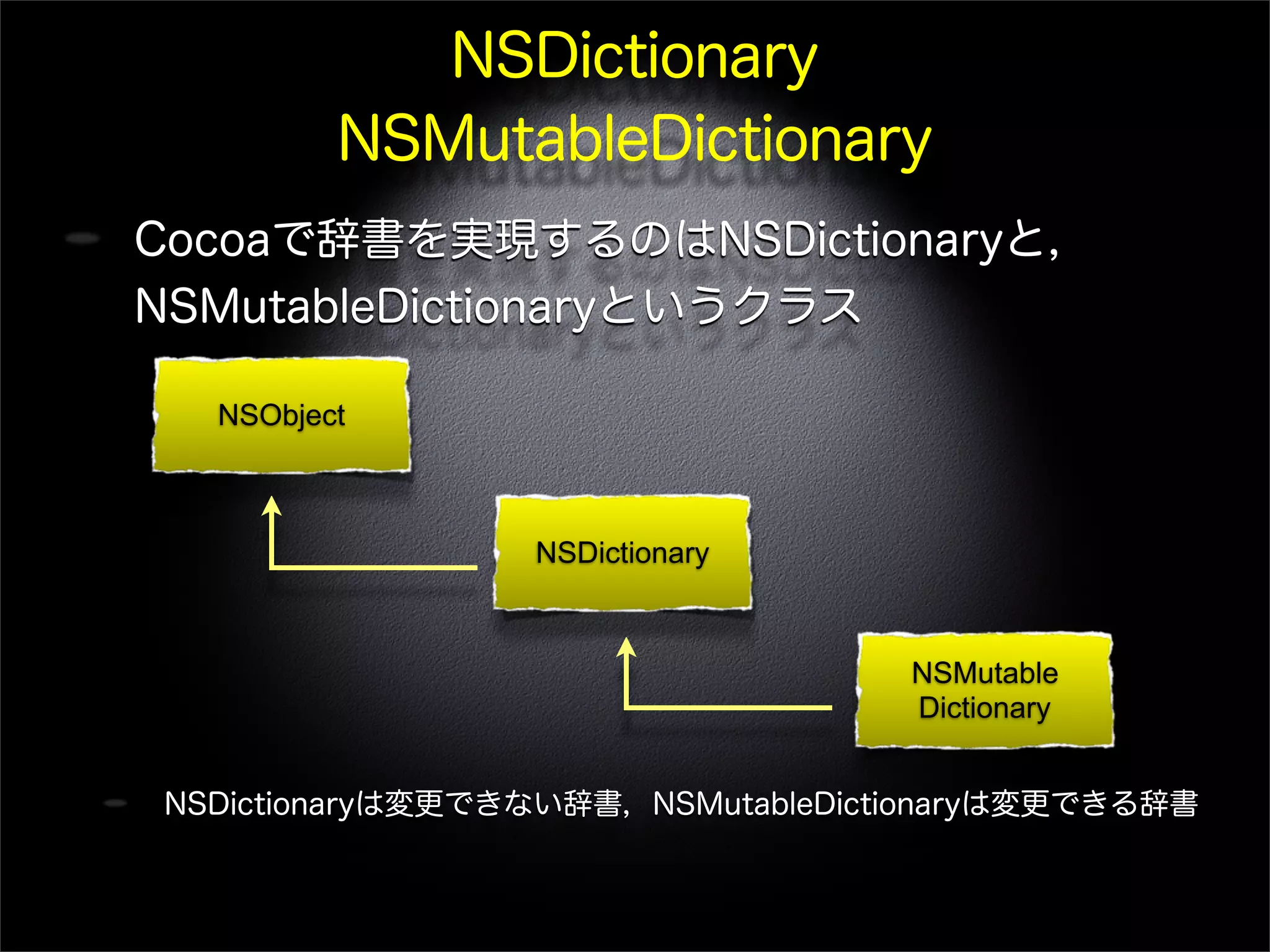NSDictionary
NSMutableDictionary
Cocoaで辞書を実現するのはNSDictionaryと，
NSMutableDictionaryというクラス
NSDictionaryは変更できない辞書，NSMutableDictionaryは変更できる辞書
NSDictionary
NSMutable
Dictionary
NSObject
 