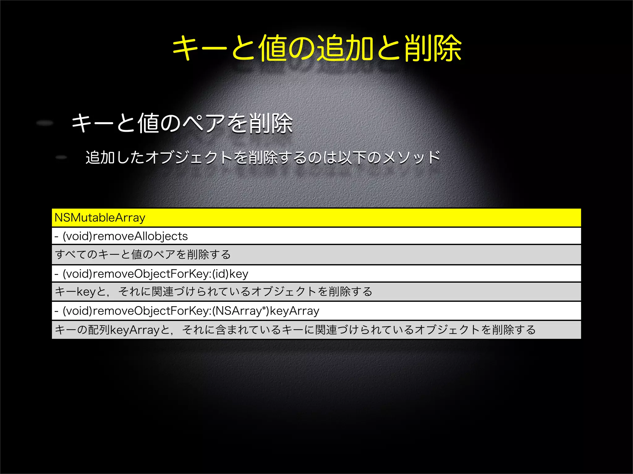 キーと値の追加と削除
キーと値のペアを削除
追加したオブジェクトを削除するのは以下のメソッド
NSMutableArray
- (void)removeAllobjects
すべてのキーと値のペアを削除する
- (void)removeObjectForKey:(id)key
キーkeyと，それに関連づけられているオブジェクトを削除する
- (void)removeObjectForKey:(NSArray*)keyArray
キーの配列keyArrayと，それに含まれているキーに関連づけられているオブジェクトを削除する
 