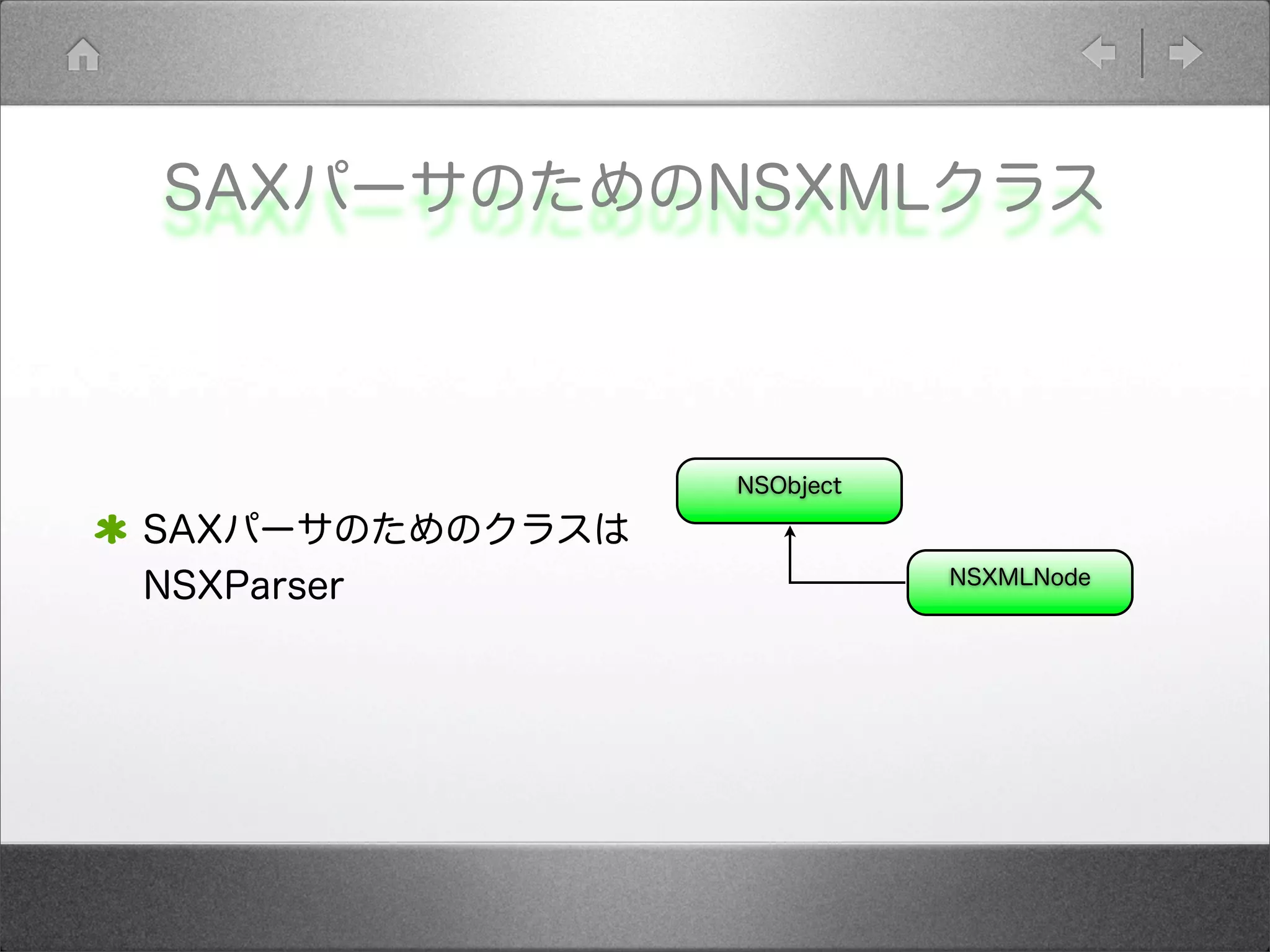 SAXパーサのためのNSXMLクラス
SAXパーサのためのクラスは
NSXParser
NSObject
NSXMLNode
 