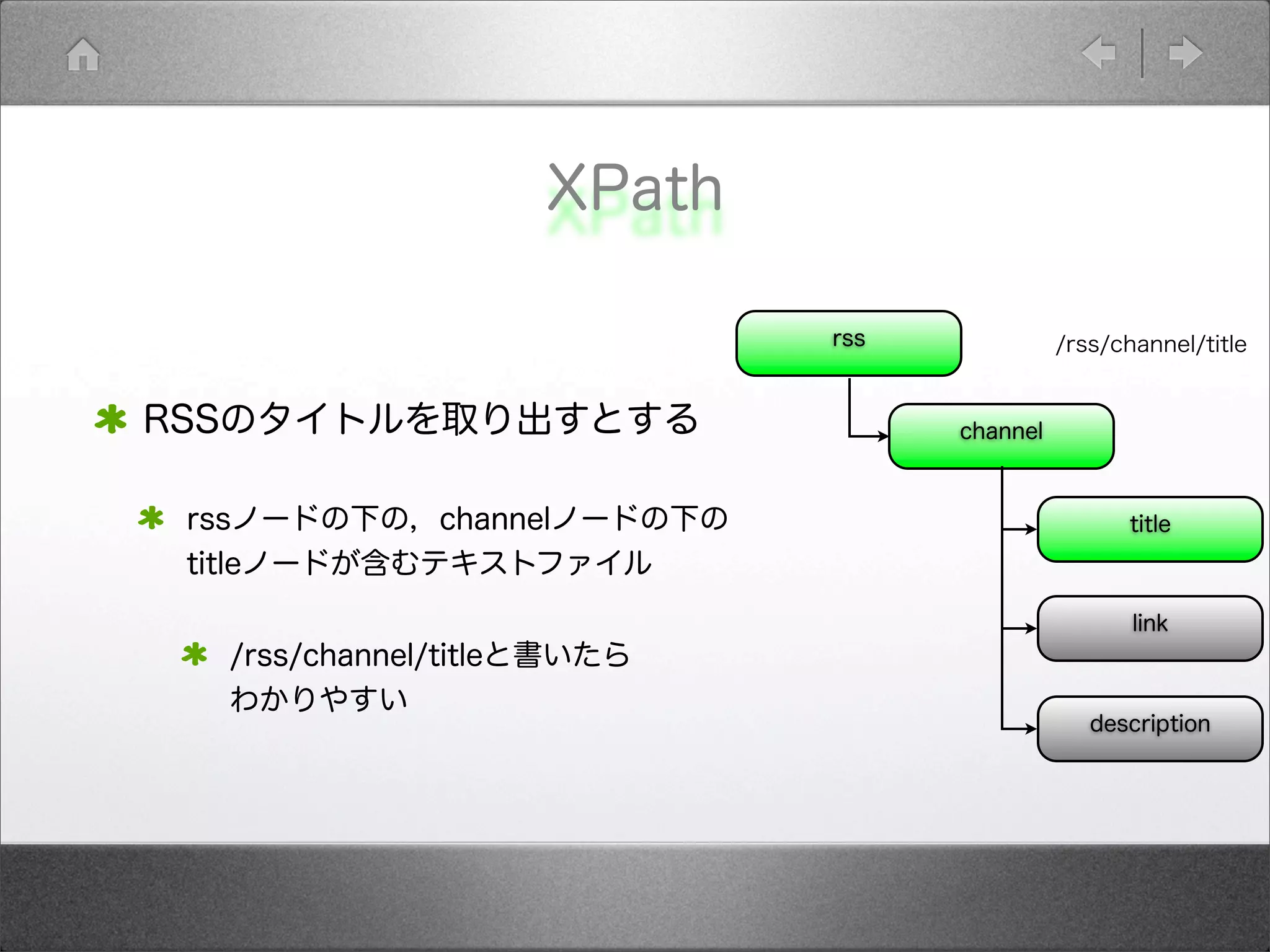 XPath
RSSのタイトルを取り出すとする
rssノードの下の，channelノードの下の
titleノードが含むテキストファイル
/rss/channel/titleと書いたら
わかりやすい
rss
title
channel
link
description
/rss/channel/title
 