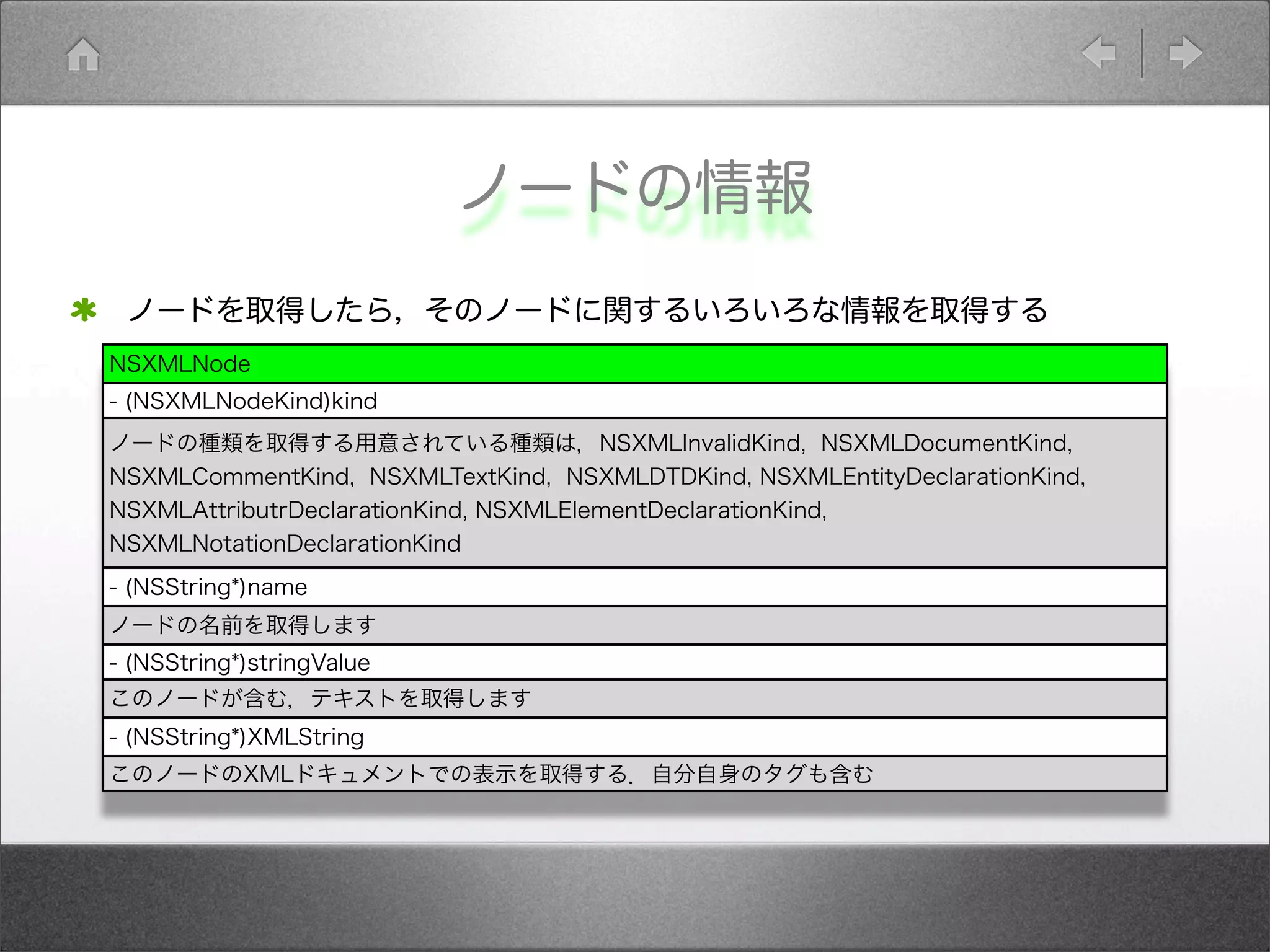 ノードの情報
ノードを取得したら，そのノードに関するいろいろな情報を取得する
NSXMLNode
- (NSXMLNodeKind)kind
ノードの種類を取得する用意されている種類は，NSXMLInvalidKind, NSXMLDocumentKind,
NSXMLCommentKind, NSXMLTextKind, NSXMLDTDKind, NSXMLEntityDeclarationKind,
NSXMLAttributrDeclarationKind, NSXMLElementDeclarationKind,
NSXMLNotationDeclarationKind
- (NSString*)name
ノードの名前を取得します
- (NSString*)stringValue
このノードが含む，テキストを取得します
- (NSString*)XMLString
このノードのXMLドキュメントでの表示を取得する．自分自身のタグも含む
 