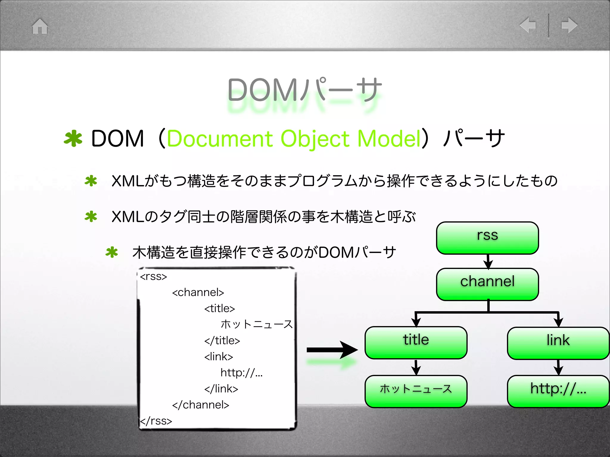 DOMパーサ
DOM（Document Object Model）パーサ
XMLがもつ構造をそのままプログラムから操作できるようにしたもの
XMLのタグ同士の階層関係の事を木構造と呼ぶ
木構造を直接操作できるのがDOMパーサ
rss
link
channel
title
http://...ホットニュース
<rss>
<channel>
<title>
ホットニュース
</title>
<link>
http://...
</link>
</channel>
</rss>
 