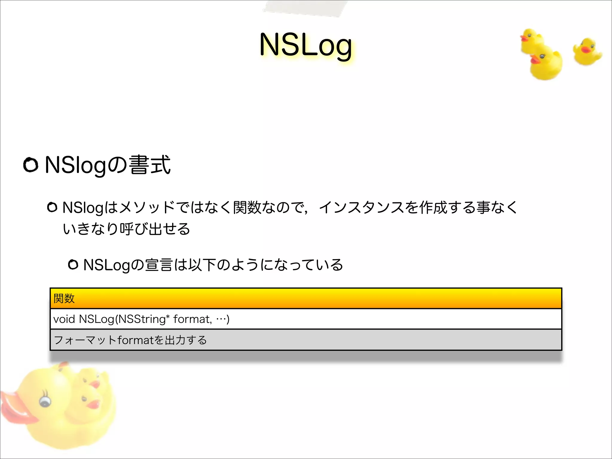 NSLog
NSlogの書式
NSlogはメソッドではなく関数なので，インスタンスを作成する事なく
いきなり呼び出せる
NSLogの宣言は以下のようになっている
関数
void NSLog(NSString* format, …)
フォーマットformatを出力する
 