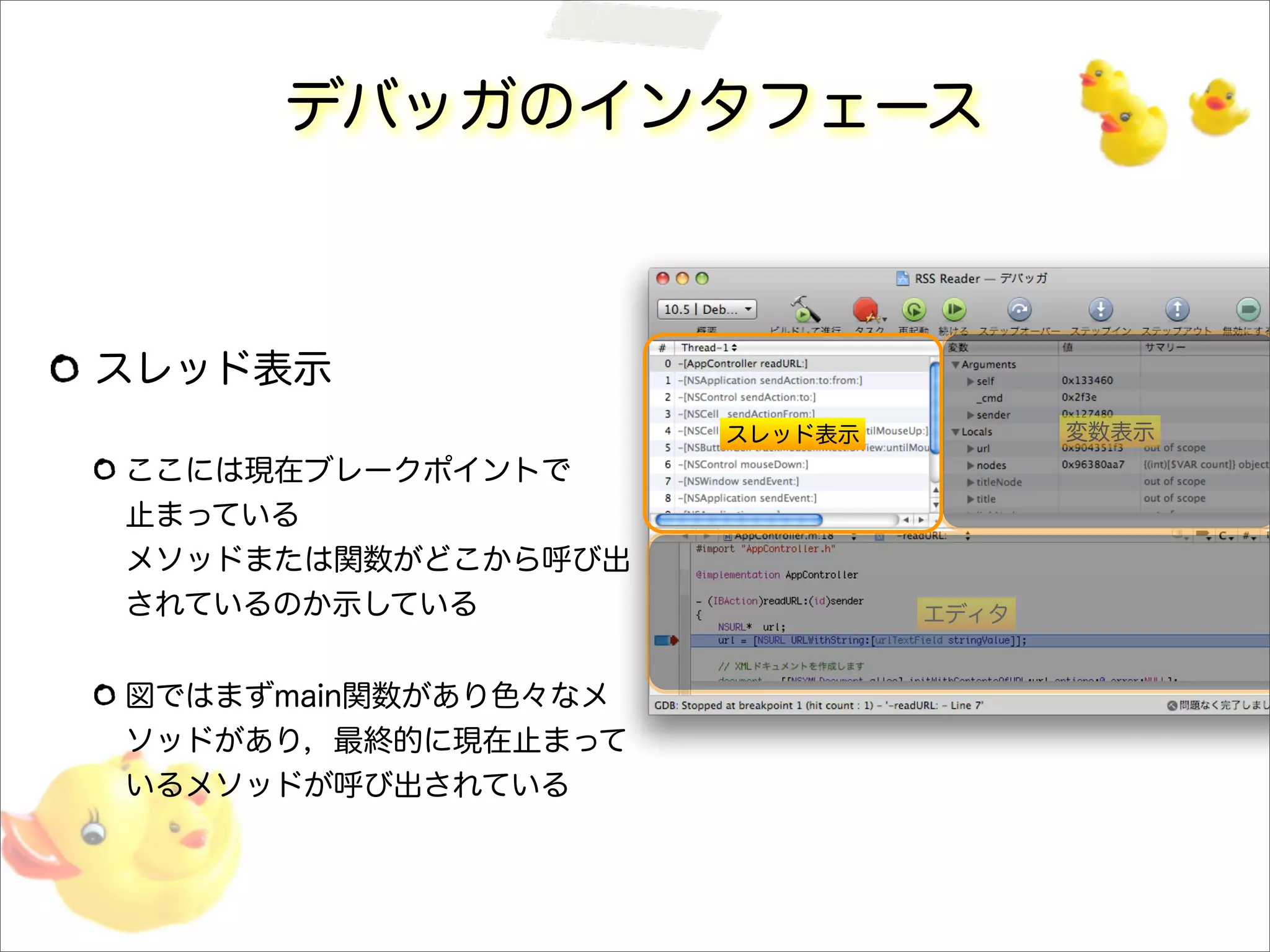 デバッガのインタフェース
スレッド表示
ここには現在ブレークポイントで
止まっている
メソッドまたは関数がどこから呼び出
されているのか示している
図ではまずmain関数があり色々なメ
ソッドがあり，最終的に現在止まって
いるメソッドが呼び出されている
スレッド表示 変数表示
エディタ
 