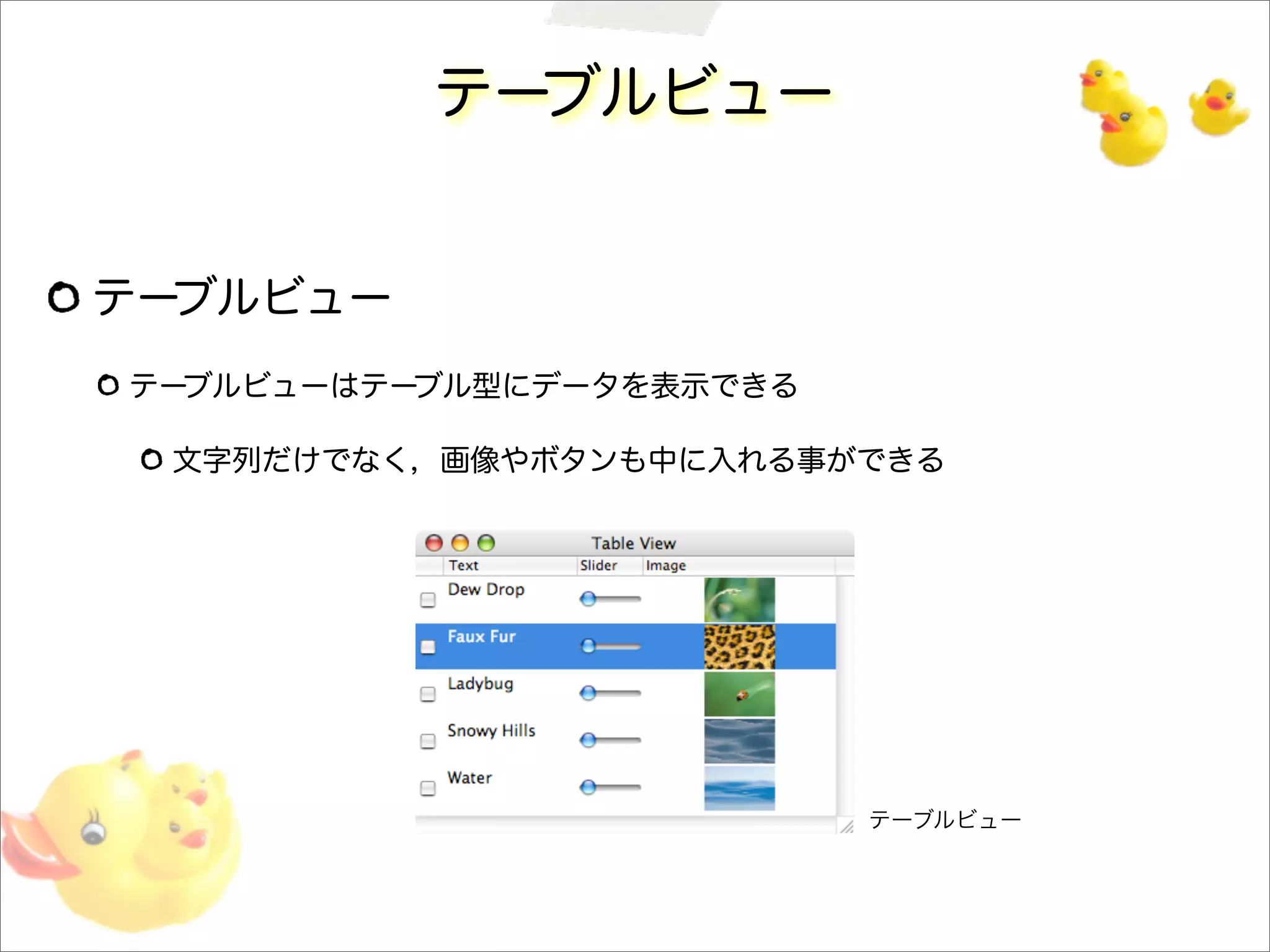 テーブルビュー
テーブルビュー
テーブルビューはテーブル型にデータを表示できる
文字列だけでなく，画像やボタンも中に入れる事ができる
テーブルビュー
 