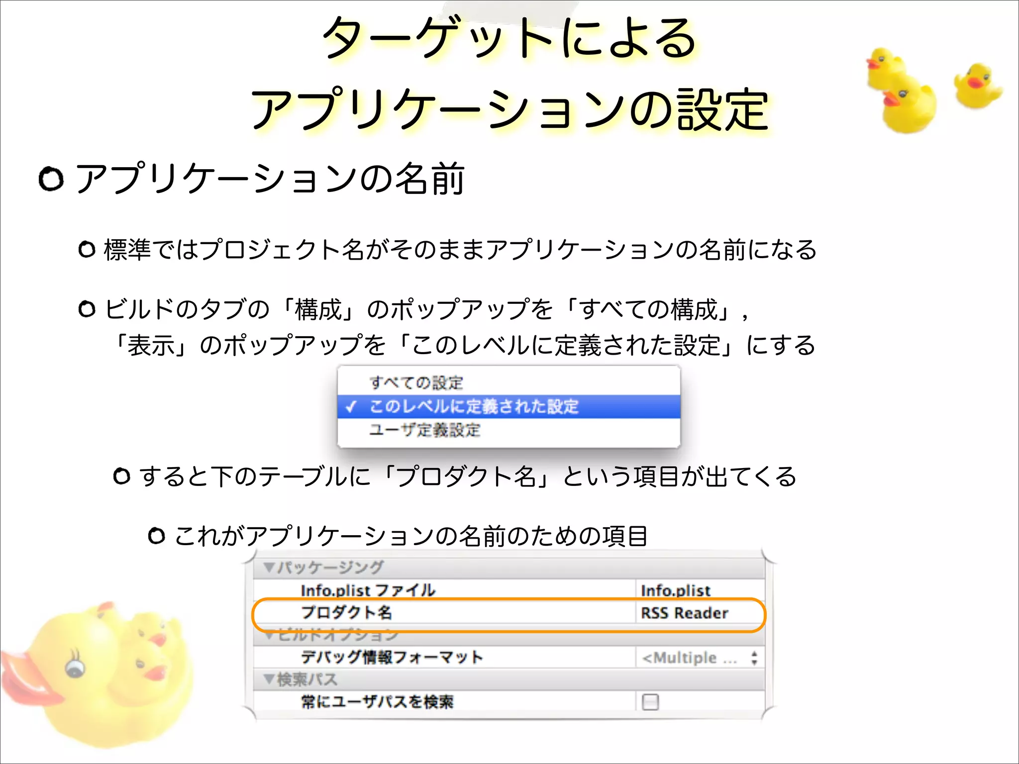 ターゲットによる
アプリケーションの設定
アプリケーションの名前
標準ではプロジェクト名がそのままアプリケーションの名前になる
ビルドのタブの「構成」のポップアップを「すべての構成」，
「表示」のポップアップを「このレベルに定義された設定」にする
すると下のテーブルに「プロダクト名」という項目が出てくる
これがアプリケーションの名前のための項目
 