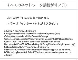 すべてのネットワーク接続がオフ(1)

didFailWithError:が呼び出される
エラーは「インターネットがオフライン」
urlString = http://msyk.dyndns.org/
Calling: connection:willSendRequest:redirectResponse: (null)
Calling: connectionShouldUseCredentialStorage:
Calling: connection:didFailWithError: Error Domain=NSURLErrorDomain
Code=-1009 "The Internet connection appears to be ofﬂine."
UserInfo=0x4b34070 {NSErrorFailingURLStringKey=http://msyk.dyndns.org/,
NSErrorFailingURLKey=http://msyk.dyndns.org/,
NSLocalizedDescription=The Internet connection appears to be ofﬂine.,
NSUnderlyingError=0x4b0dbe0 "The Internet connection appears to be
ofﬂine."}
17

 