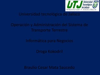 Universidad tecnológica de Jalisco 
Operación y Administración del Sistema de 
Transporte Terrestre 
Informática para Negocios 
Droga Kokodril 
Braulio Cesar Mata Saucedo 
 