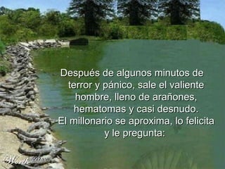Después de algunos minutos de terror y pánico, sale el valiente hombre, lleno de arañones, hematomas y casi desnudo. El millonario se aproxima, lo felicita y le pregunta:  