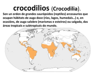 Son un orden de grandes saurópsidos (reptiles) arcosaurios que
ocupan hábitats de auga doce (ríos, lagos, humedais…) e, en
ocasións, de auga salobre (marismas e esteiros) ou salgada, das
áreas tropicais e subtropicais do mundo.
crocodilios (Crocodilia).
 