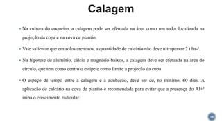  Na cultura do coqueiro, a calagem pode ser efetuada na área como um todo, localizada na
projeção da copa e na cova de plantio.
 Vale salientar que em solos arenosos, a quantidade de calcário não deve ultrapassar 2 t ha-¹.
 Na hipótese de alumínio, cálcio e magnésio baixos, a calagem deve ser efetuada na área do
círculo, que tem como centro o estipe e como limite a projeção da copa
 O espaço de tempo entre a calagem e a adubação, deve ser de, no mínimo, 60 dias. A
aplicação de calcário na cova de plantio é recomendada para evitar que a presença do Al+³
iniba o crescimento radicular.
18
 
