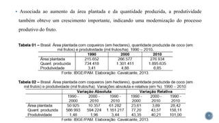 7
 Associada ao aumento da área plantada e da quantidade produzida, a produtividade
também obteve um crescimento importante, indicando uma modernização do processo
produtivo do fruto.
 