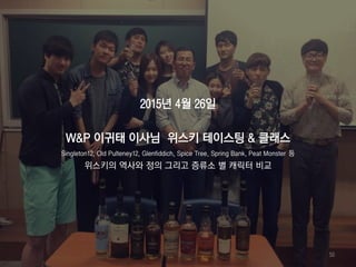 2015년 4월 26일
W&P 이귀태 이사님 위스키 테이스팅 & 클래스
Singleton12, Old Pulteney12, Glenfiddich, Spice Tree, Spring Bank, Peat Monster 등
위스키의 역사와 정의 그리고 증류소 별 캐릭터 비교
50
 