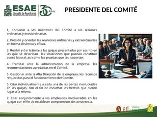 PRESIDENTE DEL COMITÉ
1, Convocar a los miembros del Comité a las sesiones
ordinarias y extraordinarias.
2. Presidir y orientar las reuniones ordinarias y extraordinarias
en forma dinámica y eficaz.
3. Recibir y dar trámite a las quejas presentadas por escrito en
las que se describan las situaciones que puedan constituir
acoso laboral, así como las pruebas que las soportan.
4. Tramitar ante la administración de la empresa, las
recomendaciones aprobadas en el Comité.
5. Gestionar ante la Alta Dirección de la empresa, los recursos
requeridos para el funcionamiento del Comité.
6. Citar individualmente a cada una de las partes involucradas
en las quejas, con el fin de escuchar los hechos que dieron
lugar a la misma.
7. Citar conjuntamente a los empleados involucrados en las
quejas con el fin de establecer compromisos de convivencia.
 
