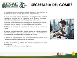 SECRETARIA DEL COMITÉ
El Comité de Convivencia Laboral deberá elegir entre sus miembros un
Secretario, por mutuo acuerdo, quien tendrá como funciones.
1. Enviar por medio físico o electrónico a los integrantes del Comité la
convocatoria realizada por el Presidente a las sesiones ordinarias y
extraordinarias, indicando el día, la hora y el lugar de la reunión.
2. Llevar el archivo de las quejas presentadas, la documentación soporte y
velar por la reserva, custodia y confidencialidad de la información.
3. Elaborar el orden del día y las actas de cada una de las sesiones del
Comité.
4. Elaborar informes trimestrales sobre la gestión del Comité que incluya
estadísticas de las quejas, seguimiento de los casos y recomendaciones,
los cuales serán presentados a la Presidencia del Comité.
5. Enviar las comunicaciones con las recomendaciones dadas por el
Comité a las diferentes dependencias de la empresa.
6. Citar a reuniones y solicitar los soportes requeridos para hacer
seguimiento al
cumplimiento de los compromisos adquiridos.
 