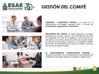 GESTIÓN DEL COMITÉ
ASESORÍA Y ASISTENCIA TÉCNICA: Por parte de la
Administradora de Riesgos Laborales (ARL) en temas de
conformación, capacitación y orientación.
DECISIONES DEL COMITÉ: El Comité adoptará en principio
decisiones por acuerdo, producto del consentimiento de todos
los integrantes; en caso de no llegarse a dicho acuerdo, las
decisiones se tomarán a través del sistema de mayoría simple.
En caso de existir empate, se llamará a un integrante suplente
del Comité, de conformidad con el orden de votación, para que
con su voto se dirima el empate.
EL PROCEDIMIENTO CONCILIATORIO INTERNO :
mecanismo preventivo de las situaciones de acoso laboral será
confidencial, reservado, basado en el dialogo y respeto mutuo.
 
