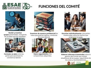 FUNCIONES DEL COMITÉ
Recibir y tramitar
quejas presentadas, incluyendo
las pruebas que las respaldan.
Examinar de manera confidencial los
casos que podrían tipificar conductas
de acoso laboral.
Escuchar individualmente a las partes
involucradas sobre los hechos que
originaron la queja.
Formular un plan entre las
partes para promover la
convivencia laboral.
Hacer seguimiento a los
compromisos adquiridos.
Elaborar informes trimestrales sobre la
gestión del Comité que incluya
estadísticas de las quejas, seguimiento de
los casos y recomendaciones.
 