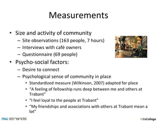 Measurements Size and activity of community Site observations (163 people, 7 hours) Interviews with café owners Questionnaire (69 people) Psycho-social factors: Desire to connect Psychological sense of community in place Standardized measure (Wilkinson, 2007) adapted for place “ A feeling of fellowship runs deep between me and others at Trabant” “ I feel loyal to the people at Trabant” “ My friendships and associations with others at Trabant mean a lot”  