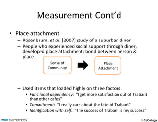 Measurement Cont’d Place attachment Rosenbaum,  et al . [2007] study of a suburban diner People who experienced social support through diner, developed place attachment: bond between person & place Used items that loaded highly on three factors:  Functional dependency :  “I get more satisfaction out of Trabant than other cafes” Commitment :  “I really care about the fate of Trabant” Identification with self :  “The success of Trabant is my success” Sense of Community Place Attachment 