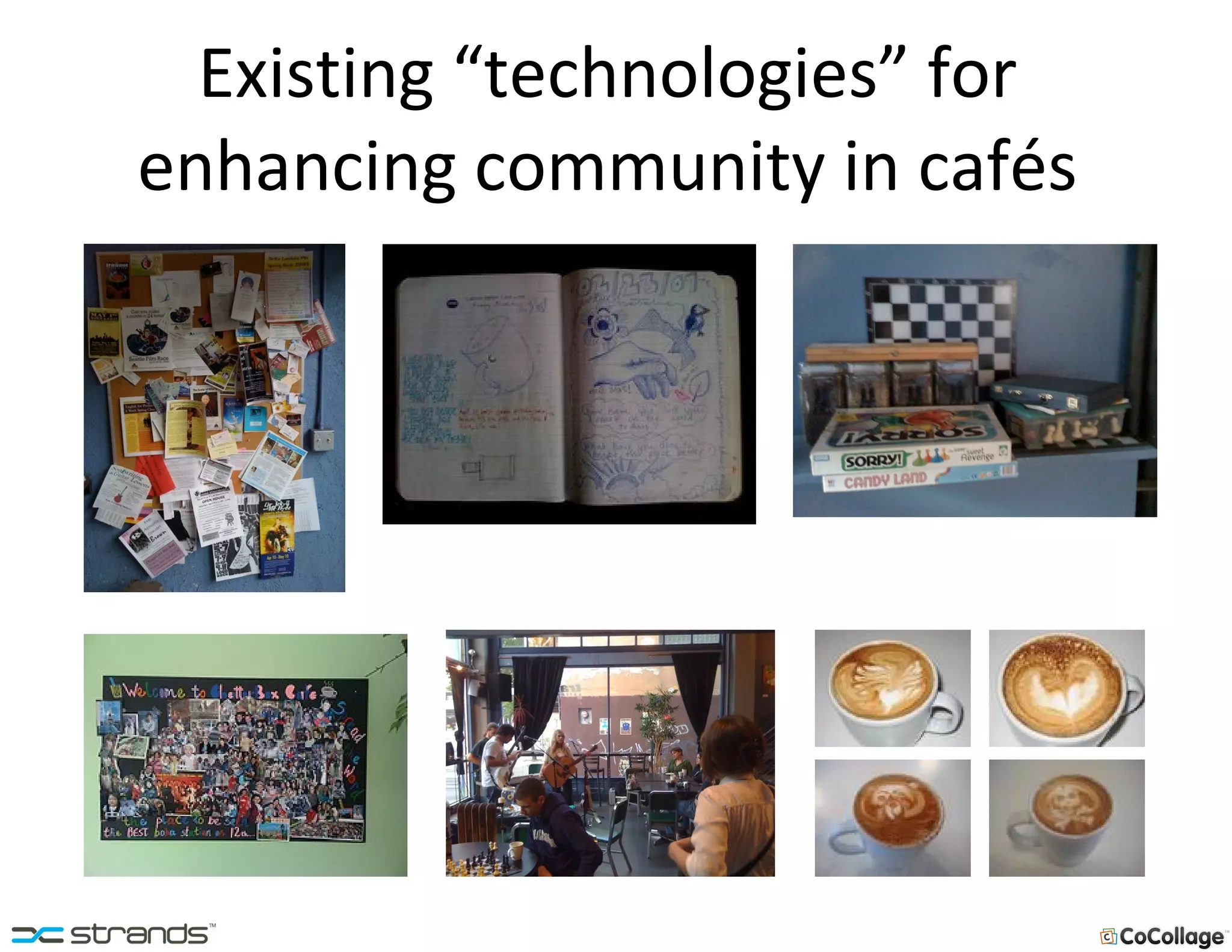 Existing “technologies” for  enhancing community in cafés  