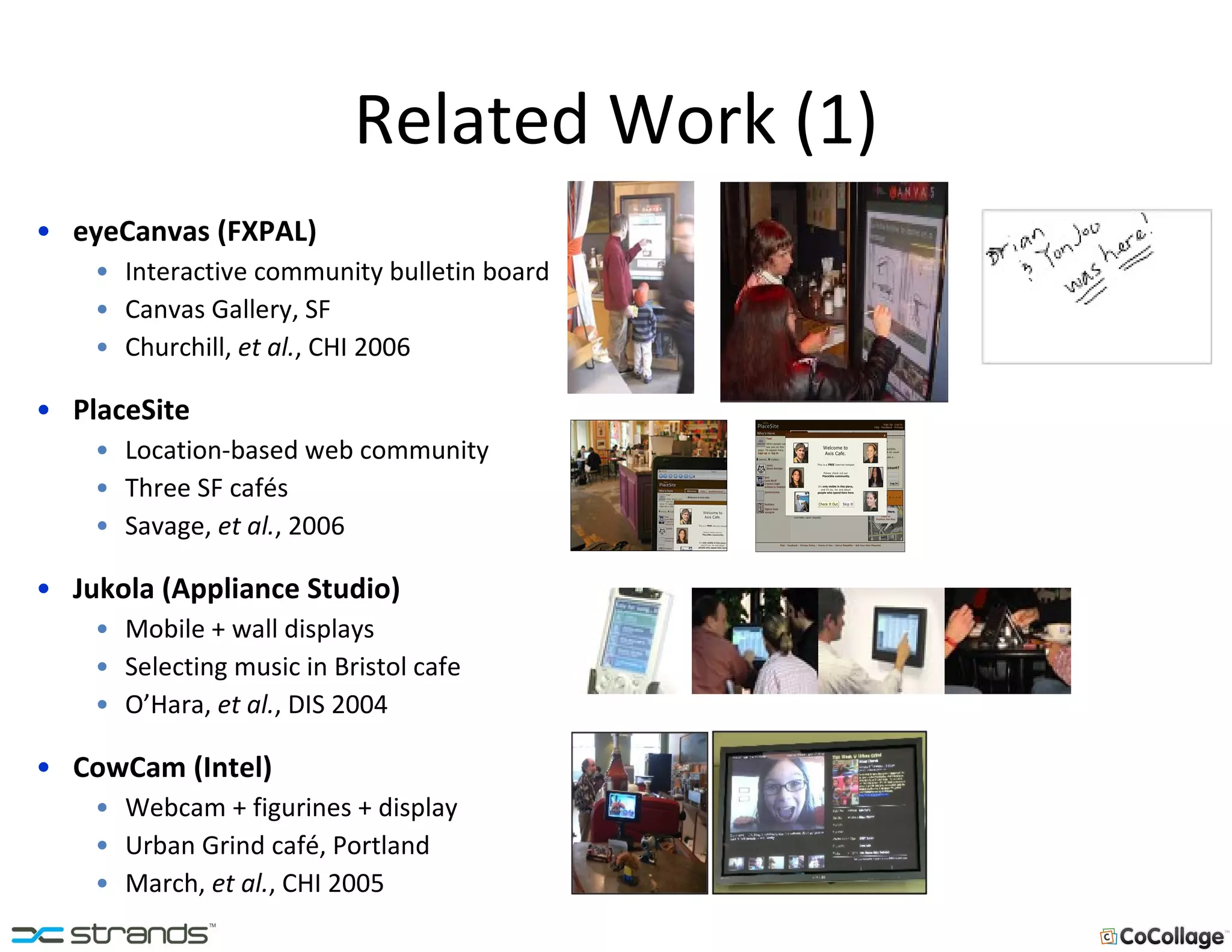 Related Work (1) eyeCanvas (FXPAL) Interactive community bulletin board Canvas Gallery, SF Churchill,  et al. , CHI 2006 PlaceSite Location-based web community Three SF cafés Savage,  et al. , 2006 Jukola (Appliance Studio) Mobile + wall displays Selecting music in Bristol cafe O’Hara,  et al. , DIS 2004 CowCam (Intel) Webcam + figurines + display Urban Grind café, Portland March,  et al. , CHI 2005 