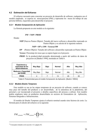 28
4.2 Estimación del Esfuerzo
El esfuerzo necesario para concretar un proyecto de desarrollo de software, cualquiera sea el
modelo empleado, se expresa en meses/persona (PM) y representa los meses de trabajo de una
persona fulltime, requeridos para desarrollar el proyecto.
4.2.1 Modelo Composición de Aplicación
La fórmula propuesta en este modelo es la siguiente:
PM = NOP / PROD
Donde:
NOP (Nuevos Puntos Objeto): Tamaño del nuevo software a desarrollar expresado en
Puntos Objeto y se calcula de la siguiente manera:
NOP = OP x (100 - %reuso)/100
OP (Puntos Objeto): Tamaño del software a desarrollar expresado en Puntos Objeto
%reuso: Porcentaje de reuso que se espera lograr en el proyecto
PROD: Es la productividad promedio determinada a partir del análisis de datos de
proyectos en [Banker 1994], mostrada en Tabla 6.
Experiencia y
capacidad de los
desarrolladores
Muy Bajo Bajo Normal Alto Muy Alto
Madurez y Capacidad
del ICASE
Muy Bajo Bajo Normal Alto Muy Alto
PROD 4 7 13 25 50
Tabla 6: Productividad para el modelo Composición de Aplicación. [Boehm 1995/2]
4.2.2 Modelo Diseño Temprano
Este modelo se usa en las etapas tempranas de un proyecto de software, cuando se conoce
muy poco del tamaño del producto a ser desarrollado, de la naturaleza de la plataforma, del
personal a ser incorporado al proyecto o detalles específicos del proceso a utilizar. Este modelo
podría emplearse tanto en productos desarrollados en sectores de Generadores de Aplicación,
Sistemas Integrados o Infraestructura.
El modelo de Diseño Temprano ajusta el esfuerzo nominal usando siete factores de costo. La
fórmula para el cálculo del esfuerzo es la siguiente:
∏=
×=
7
1i
inominalestimado EMPMPM
10
Conceptos tratados en la sección 4.5, página 42.
 