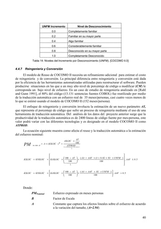 40
UNFM Incremento Nivel de Desconocimiento
0.0 Completamente familiar
0.2 Familiar en su mayor parte
0.4 Algo familiar
0.6 Considerablemente familiar
0.8 Desconocido en su mayor parte
1.0 Completamente Desconocido
Tabla 14: Niveles del Incremento por Desconocimiento (UNFM). [COCOMO II.0]
4.4.7 Reingeniería y Conversión
El modelo de Reuso de COCOMO II necesita un refinamiento adicional para estimar el costo
de reingeniería y de conversión. La principal diferencia entre reingeniería y conversión está dada
por la eficiencia de las herramientas automatizadas utilizadas para reestructurar el software. Pueden
producirse situaciones en las que a un muy alto nivel de porcentaje de código a modificar (CM) le
corresponda un bajo nivel de esfuerzo. En un caso de estudio de reingeniería analizado en [Ruhl
and Gunn 1991], el 80% del código (13.131 sentencias fuentes COBOL) fue reutilizado por medio
de la traducción automática con un esfuerzo real de 35 meses/personas, casi cuatro veces menos de
lo que se estimó usando el modelo de COCOMO II (152 meses/persona).
El enfoque de reingeniería y conversión involucra la estimación de un nuevo parámetro AT,
que representa el porcentaje de código que sufre un proceso de reingeniería mediante el uso de una
herramienta de traducción automática. Del análisis de los datos del proyecto anterior surge que la
productividad de la traducción automática es de 2400 líneas de código fuente por mes-persona, este
valor podrá variar con las diferentes tecnologías y es designado en el modelo COCOMO II como
ATPROD.
La ecuación siguiente muestra como afecta el reuso y la traducción automática a la estimación
del esfuerzo nominal:
5.0,
100
)(
100
100
5.0,
100
)02.01((
100
100
100)(
2
1
min
>




 ×++
×




 −
×+=
≤












××+×+
×




 −
×+=
×
+×=
AAF
UNFMSUAAFAAAT
KASLOCKNSLOCKSLOC
AAF
UNFMSUAAFAAAT
KASLOCKNSLOCKSLOC
ATPROD
AT
ASLOC
KSLOCA B
alnoPM
!! "!! #$
!! "!! #$
Donde:
PMNominal Esfuerzo expresado en meses personas
B Factor de Escala
A Constante que captura los efectos lineales sobre el esfuerzo de acuerdo
a la variación del tamaño, (A=2.94)
 