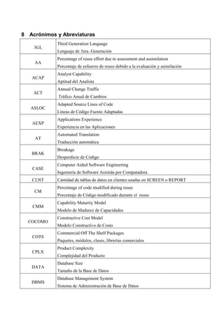 8 Acrónimos y Abreviaturas
3GL
Third Generation Language
Lenguaje de 3era. Generación
AA
Percentage of reuse effort due to assessment and assimilation
Porcentaje de esfuerzo de reuso debido a la evaluación y asimilación
ACAP
Analyst Capability
Aptitud del Analista
ACT
Annual Change Traffic
Tráfico Anual de Cambios
ASLOC
Adapted Source Lines of Code
Líneas de Código Fuente Adaptadas
AEXP
Applications Experience
Experiencia en las Aplicaciones
AT
Automated Translation
Traducción automática
BRAK
Breakage
Desperdicio de Código
CASE
Computer Aided Software Engineering
Ingeniería de Software Asistida por Computadora
CLNT Cantidad de tablas de datos en clientes usadas en SCREEN o REPORT
CM
Percentage of code modified during reuse
Porcentaje de Código modificado durante el reuso
CMM
Capability Maturity Model
Modelo de Madurez de Capacidades
COCOMO
Constructive Cost Model
Modelo Constructivo de Costo
COTS
Commercial Off The Shelf Packages
Paquetes, módulos, clases, librerías comerciales
CPLX
Product Complexity
Complejidad del Producto
DATA
Database Size
Tamaño de la Base de Datos
DBMS
Database Management System
Sistema de Administración de Base de Datos
 
