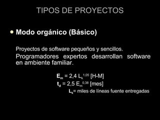 TIPOS DE PROYECTOS Modo orgánico (Básico) Proyectos de software pequeños y sencillos. Programadores expertos desarrollan software en ambiente familiar . E m   = 2,4 L k 1,05  [H-M] t d  = 2,5 E m 0,38  [mes] L k = miles de líneas fuente entregadas   