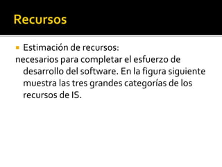  Estimación de recursos: 
necesarios para completar el esfuerzo de 
desarrollo del software. En la figura siguiente 
muestra las tres grandes categorías de los 
recursos de IS. 
 
