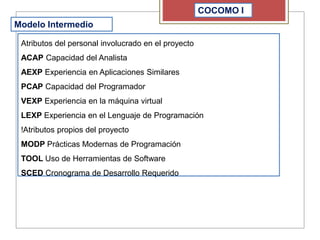 COCOMO I
Modelo Intermedio
Atributos del personal involucrado en el proyecto
ACAP Capacidad del Analista
AEXP Experiencia en Aplicaciones Similares
PCAP Capacidad del Programador
VEXP Experiencia en la máquina virtual
LEXP Experiencia en el Lenguaje de Programación
!Atributos propios del proyecto
MODP Prácticas Modernas de Programación
TOOL Uso de Herramientas de Software
SCED Cronograma de Desarrollo Requerido
 