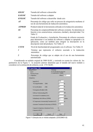 41
KSLOC Tamaño del software a desarrollar
KASLOC Tamaño del software a adaptar
KNSLOC Tamaño del software a desarrollar desde cero
AT Porcentaje de código que sufre un proceso de reingeniería mediante el
uso de una herramienta de traducción automática.
ATPROD Productividad de la herramienta utilizada en la traducción automática
SU Porcentaje de comprensibilidad del software existente. Se determina en
función a tres características: estructura, claridad y descriptividad. Ver
Tabla 12
AA Grado de Evaluación y Asimilación. Porcentaje de esfuerzo necesario
para determinar si un módulo de software a adaptar es apropiado a la
aplicación, como así también para integrar su descripción en la
descripción total del producto. Ver Tabla 13
UNFM Nivel de familiaridad del programador con el software. Ver Tabla 14
1 Término que representa el esfuerzo asociado a la traducción
automática
2 Porcentaje de código que se adapta sin el uso de una herramienta
automatizada
Considerando un módulo original de 5000 SLOC, y teniendo en cuenta los valores de los
parámetros de la Figura 7, la ecuación anterior determina que el tamaño del nuevo módulo a
considerar en la estimación de esfuerzo, es de 1731 SLOC.
Figura 7: Cómputo de un módulo adaptado. [COCOMO II.0]
 