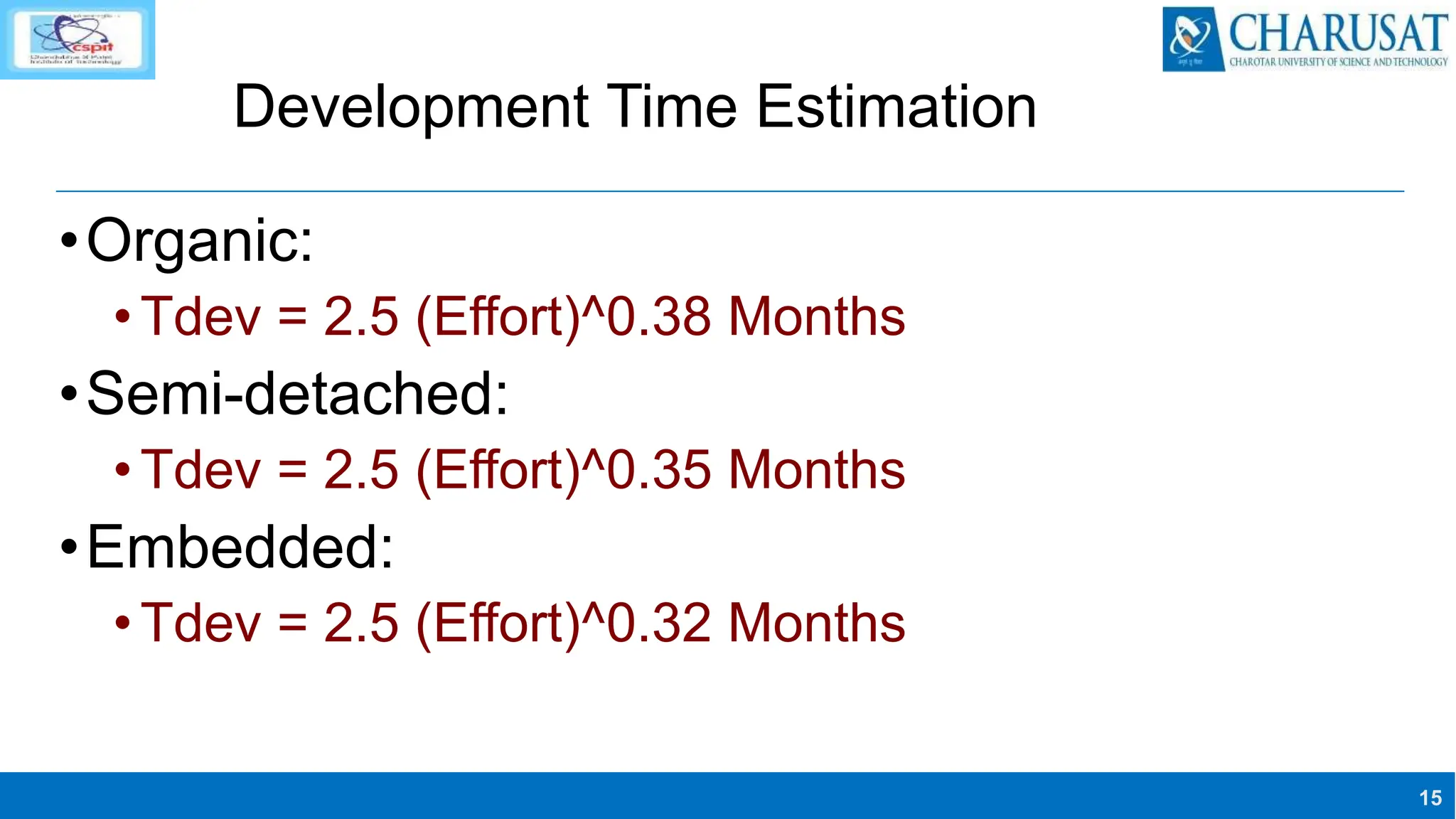 15
Development Time Estimation
•Organic:
•Tdev = 2.5 (Effort)^0.38 Months
•Semi-detached:
•Tdev = 2.5 (Effort)^0.35 Months
•Embedded:
•Tdev = 2.5 (Effort)^0.32 Months
 