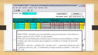•
INST COSTE : calculado costo más probable es que por instrucción . Este número se
calcula a partir de coste / SLOC en cada módulo.
• Personal: muy probablemente estimación para el número de desarrolladores a tiempo
completo que serían necesarios para completar un módulo en el tiempo de desarrollo
estimado .
•RIESGO : total_risk = schedule_risk + product_risk + + personnel_risk process_risk +
+ platform_risk reuse_risk . A continuación, el riesgo total de un módulo = total_risk /
373 * 100 .
 