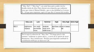 " Muy Alto" , " Muy baja " , etc están bien, pero ¿cuáles son los
detalles detrás de ellos? Para obtener esta respuesta, que realmente
tiene que visitar el Manual Modelo , que es una debilidad en Cocomo
II . Así que para ampararse, aquí es lo que dice el manual del modelo:
Por lo tanto la selección de " Muy Alta " "El riesgo para la vida
humana " realmente se quiere decir y , a través de la opción de menú
Parameters Post Architecture Product para depender cambiado la
contribución EEP por un factor de 1,26 .
 