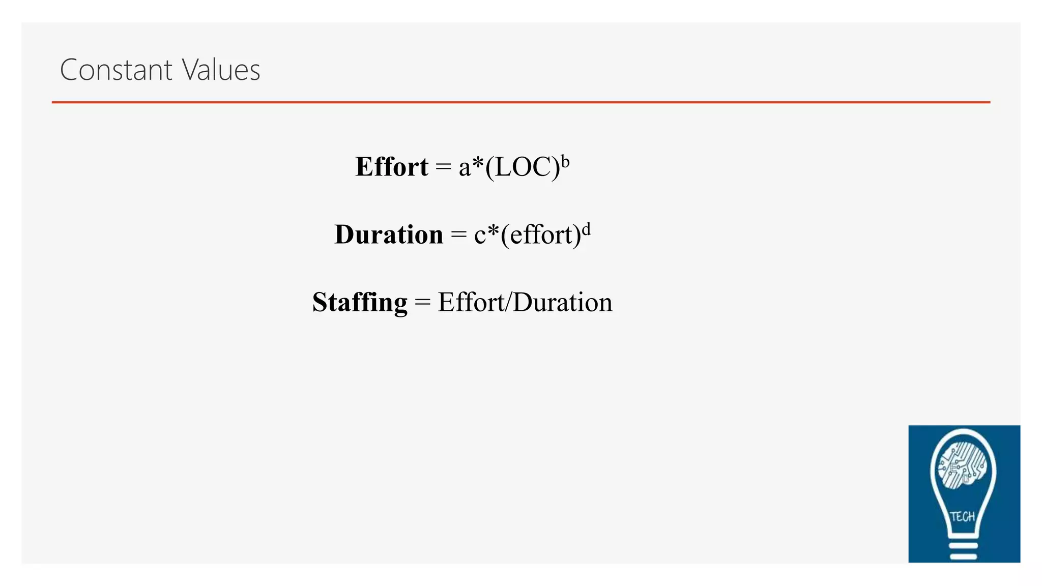 Constant Values
Effort = a*(LOC)b
Duration = c*(effort)d
Staffing = Effort/Duration
 