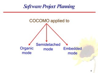 COCOMO applied to
Semidetached
mode Embedded
mode
Organic
mode
SoftwareProject Planning
4
 