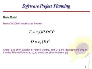 Basic Model
Basic COCOMO model takes the form
b
b
b
E  a (KLOC)
b
d
b
D  c (E)
where E is effort applied in Person-Months, and D is the development time in
months. The coefficients ab, bb, cb and db are given in table 4 (a).
SoftwareProject Planning
6
 