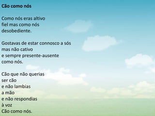 Cão como nós
Como nós eras altivo
fiel mas como nós
desobediente.
Gostavas de estar connosco a sós
mas não cativo
e sempre presente-ausente
como nós.
Cão que não querias
ser cão
e não lambias
a mão
e não respondias
à voz
Cão como nós.
 