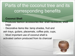 Parts of the coconut tree and its
corresponding benefits
∗ Coconut Shell
∗ Produces fashion accessories like: shell necklaces, shell
bags
∗ Decorative items like :lamp shades, fruit and
ash trays, guitars, placemats, coffee pots, cups,
∗ Most important use of coconut shell is
activated carbon produced from its charcoal

 