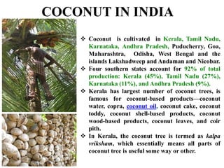  Coconut is cultivated in Kerala, Tamil Nadu,
Karnataka, Andhra Pradesh, Puducherry, Goa,
Maharashtra, Odisha, West Bengal and the
islands Lakshadweep and Andaman and Nicobar.
 Four southern states account for 92% of total
production: Kerala (45%), Tamil Nadu (27%),
Karnataka (11%), and Andhra Pradesh (9%).
 Kerala has largest number of coconut trees, is
famous for coconut-based products—coconut
water, copra, coconut oil, coconut cake, coconut
toddy, coconut shell-based products, coconut
wood-based products, coconut leaves, and coir
pith.
 In Kerala, the coconut tree is termed as kalpa
vriksham, which essentially means all parts of
coconut tree is useful some way or other.
COCONUT IN INDIA
 