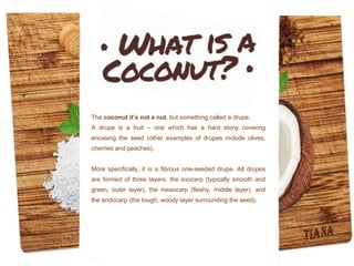 The coconut it’s not a nut, but something called a drupe.
A drupe is a fruit – one which has a hard stony covering
encasing the seed (other examples of drupes include olives,
cherries and peaches).
More specifically, it is a fibrous one-seeded drupe. All drupes
are formed of three layers: the exocarp (typically smooth and
green, outer layer), the mesocarp (fleshy, middle layer), and
the endocarp (the tough, woody layer surrounding the seed).
 