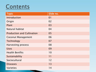 Topic Slide no.
Introduction 01
Origin 02
Plant 03
Natural habitat 04
Production and Cultivation 05
Coconut Management 06
Technology 07
Harvesting process 08
Uses 09
Health Benifits 10
Sustainability 11
Sociocultural 12
Diseases 13
Varieties 14
 