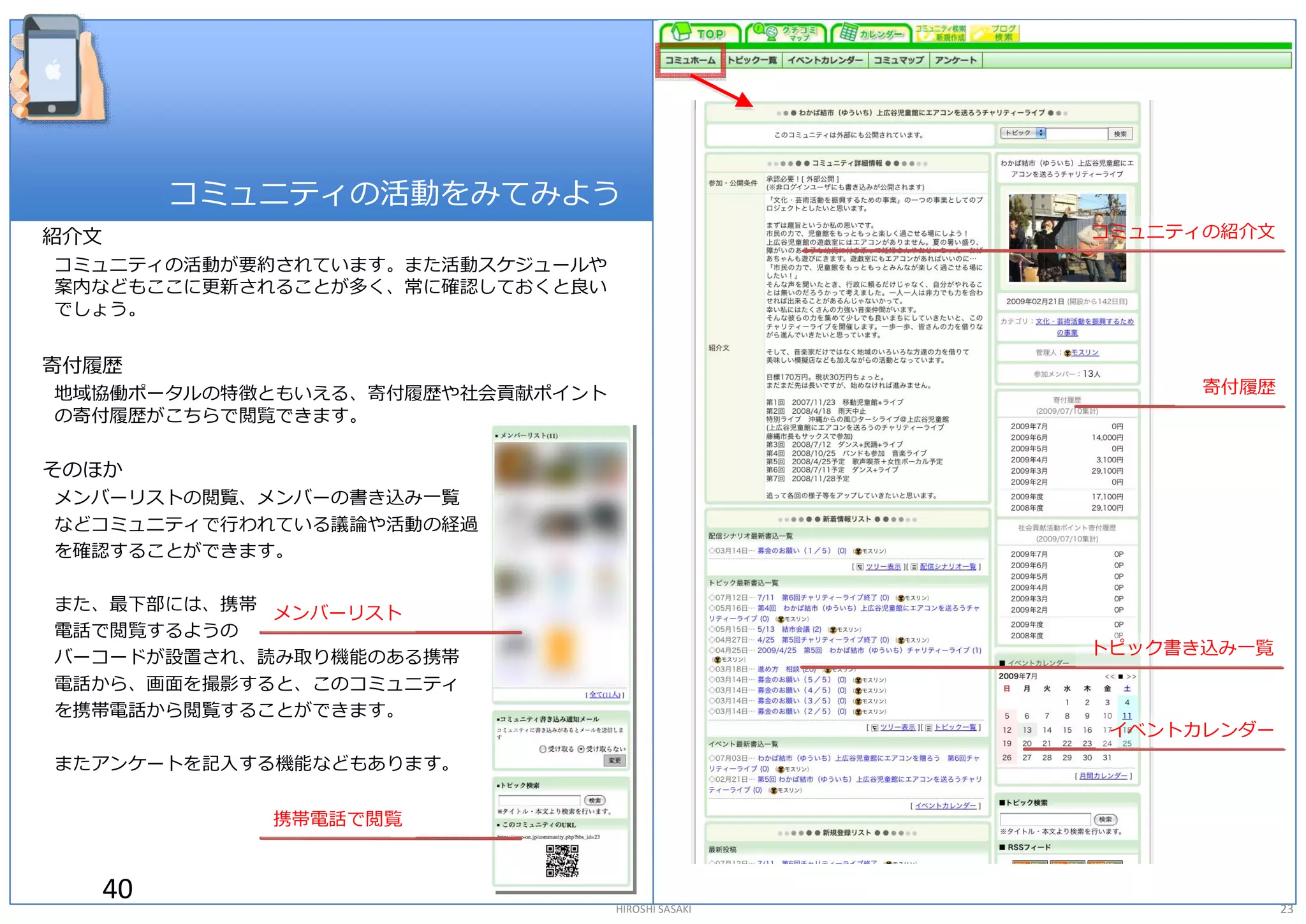 コミュニティの活動をみてみよう 
紹介文                                                コミュニティの紹介文 
コミュニティの活動が要約されています。また活動スケジュールや 
案内などもここに更新されることが多く、常に確認しておくと良い 
でしょう。 


寄付履歴 
地域協働ポータルの特徴ともいえる、寄付履歴や社会貢献ポイント                           寄付履歴 
の寄付履歴がこちらで閲覧できます。 

そのほか 
メンバーリストの閲覧、メンバーの書き込み一覧 
などコミュニティで行われている議論や活動の経過 
を確認することができます。 

また、最下部には、携帯  メンバーリスト 
電話で閲覧するようの 
バーコードが設置され、読み取り機能のある携帯                             トピック書き込み一覧 
電話から、画面を撮影すると、このコミュニティ 
を携帯電話から閲覧することができます。 
                                                    イベントカレンダー 
またアンケートを記入する機能などもあります。 


            携帯電話で閲覧 


   40                             HIROSHI SASAKI                 23 
 