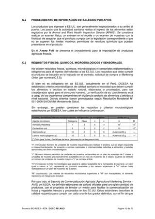Proyecto BID-ADEX – RTA / COCO PELADO Página 10 de 20
C.2 PROCEDIMIENTO DE IMPORTACION ESTABLECIDO POR APHIS
Los productos que ingresan a EE.UU. son generalmente inspeccionados a su arribo al
puerto. Los pasos que la autoridad sanitaria realiza al ingreso de los alimentos están
regulados por la Animal and Plant Health Inspection Service (APHIS). Se considera
realizar un examen físico, un examen en el muelle o un examen de muestras con la
finalidad de asegurar que el producto cumpla con la legislación correspondiente y que
no se superen los límites máximos permitidos de residuos químicos que puedan
presentarse en el producto.
En el Anexo F-01 se presenta el procedimiento para la importación de productos
agrícolas frescos.
C.3 REQUISITOS FÍSICOS, QUIMICOS, MICROBIOLOGICOS Y SENSORIALES.
No existen requisitos físicos, químicos, microbiológicos ni sensoriales reglamentados u
obligatorios para el ingreso del holantao a los EE.UU. Los requisitos que debe cumplir
el producto se basarán en lo indicado en el contrato, solicitud de compra o Marketing
Order (ver numeral C.7.5).
Si bien no es obligatorio en los EE.UU., actualmente en el Perú, DIGESA ha
establecido criterios microbiológicos de calidad sanitaria e inocuidad que deben cumplir
los alimentos y bebidas en estado natural, elaborados o procesados, para ser
considerados aptos para el consumo humano. La verificación de su cumplimiento está
a cargo de los organismos competentes en vigilancia sanitaria de alimentos y bebidas a
nivel nacional. Dichos criterios fueron promulgados según Resolución Ministerial N°
591-2008-SA/DM del Ministerio de Salud.
Sin embargo, se pueden considerar los requisitos o criterios microbiológicos
establecidos por DIGESA, los cuales se indican a continuación:
Frutas y hortalizas frescas semiprocesadas, refrigeradas y/o congeladas Limite por g.
Agente microbiano Categoría Clase n c m M
Aerobios mesofilos 1 3 5 3 10
4
10
6
Escherichia coli 5 3 5 2 10 10
2
Salmonella sp 10 2 5 0 Ausencia/25 g ---
Listeria monocytogenes (*) 10 2 5 0 Ausencia/25 g ---
(*) Solo para frutas y hortalizas de tierra (a excepción de las precocidas)
"n" (minúscula): Número de unidades de muestra requeridas para realizar el análisis, que se eligen separada
e independientemente, de acuerdo a normas nacionales o internacionales referidas a alimentos y bebidas
apropiadas para fines microbiológicos.
"c": Número máximo permitido de unidades de muestra rechazables en un plan de muestreo de 2 clases o
unidades de muestra provisionalmente aceptables en un plan de muestreo de 3 clases. Cuando se detecte
un número de unidades de muestra mayor a “c” se rechaza el lote.
"m" (minúscula): Límite microbiológico que separa la calidad aceptable de la rechazable. En general, un valor
igual o menor a “m”, representa un producto aceptable y los valores superiores a "m” indican lotes
rechazables en un plan de muestreo de 2 clases.
"M" (mayúscula): Los valores de recuentos microbianos superiores a "M" son inaceptables, el alimento
representa un riesgo para la salud.
Por otro lado, el Servicio de Comercialización Agrícola (Agricultural Marketing Service -
AMS) del USDA, ha definido estándares de calidad oficiales para una gran cantidad de
productos, con el propósito de brindar un medio para facilitar la comercialización de
frutas y vegetales frescos y procesados en los EE.UU. Estos estándares describen la
calidad requerida para cumplir con cada uno de los grados definidos, con el fin de que
 