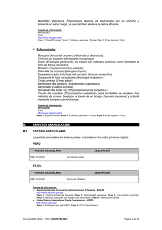 Proyecto BID-ADEX – RTA / COCO PELADO Página 7 de 20
Marchitez sorpresiva (Phytomonas stahelí), es diseminado por un chinche y
presenta un serio riesgo, ya que también ataca a la palma africana.
Fuente de información:
INFOAGRO
Coco
http://www.infoagro.com/
Paso 1: Portal Principal; Paso 2: Cultivos y sectores - Frutas; Paso 3: Fruta tropical - Coco
h. Enfermedades
Mosquita blanca del cocotero (Aleurodicus destructor)
Chinche del cocotero (Amblypelta cocophaga)
Ácaro (Eriophyes gerreronis), se tratará con métodos químicos como Morestan al
50% de forma preventiva.
Minador (Coelaenomenidera elaeidis)
Palomilla del cocotero (Gangara thyrsis)
Esqueletonizador de la hoja del cocotero (Artona catoxantha)
Gorgojo de la hoja del cocotero (Brontispa longissima)
Thrips oriental (Thrips palmi)
Barrenador del cocotero (Eupalamides cyparissias)
Barrenador (Castnia licoides)
Nemátodo del anillo rojo (Rhadinaphelenchus cocophilus)
Picudo del cocotero (Rhynchophrus palmatum), para combatirlo se emplean dos
métodos de control: biológico, a través de un hongo (Bauveira bassiana) y cultural
mediante trampas con feromonas.
Fuente de información:
INFOAGRO
Coco
http://www.infoagro.com/
Paso 1: Portal Principal; Paso 2: Cultivos y sectores - Frutas; Paso 3: Fruta tropical – Coco
B. ASPECTOS ARANCELARIOS
B.1 PARTIDA ARANCELARIA
La partida arancelaria en ambos países coinciden en los ocho primeros dígitos
PERÚ
PARTIDA ARANCELARIA DESCRIPCIÓN
0801.19.00.00 Los demás cocos
EE.UU.
PARTIDA ARANCELARIA DESCRIPCIÓN
0801.19.00.40 Coconuts: Shelled
Fuente de información:
• Superintendencia Nacional de Administración Tributaria - SUNAT
http://www.aduanet.gob.pe/
Paso 1: Portal principal de Aduanet; Paso 2: Operatividad aduanera; Paso 3: Una partida (Arancel);
Paso 4: Hacer la búsqueda por código o por descripción; Paso 5: Seleccionar partida
• United Status International Trade Commission – USITC
http://www.usitc.gov/
Paso 1: Portal principal del USITC; Paso 2: HTS Online Search
 
