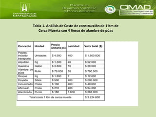 Tabla 1. Análisis de Costo de construcción de 1 Km de 
Cerca Muerta con 4 lineas de alambre de púas 
 
